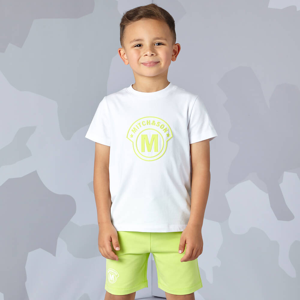 Mitch & Son-طقم شورت قطن جيرسي لون أبيض وأخضر للأولاد | Childrensalon Outlet