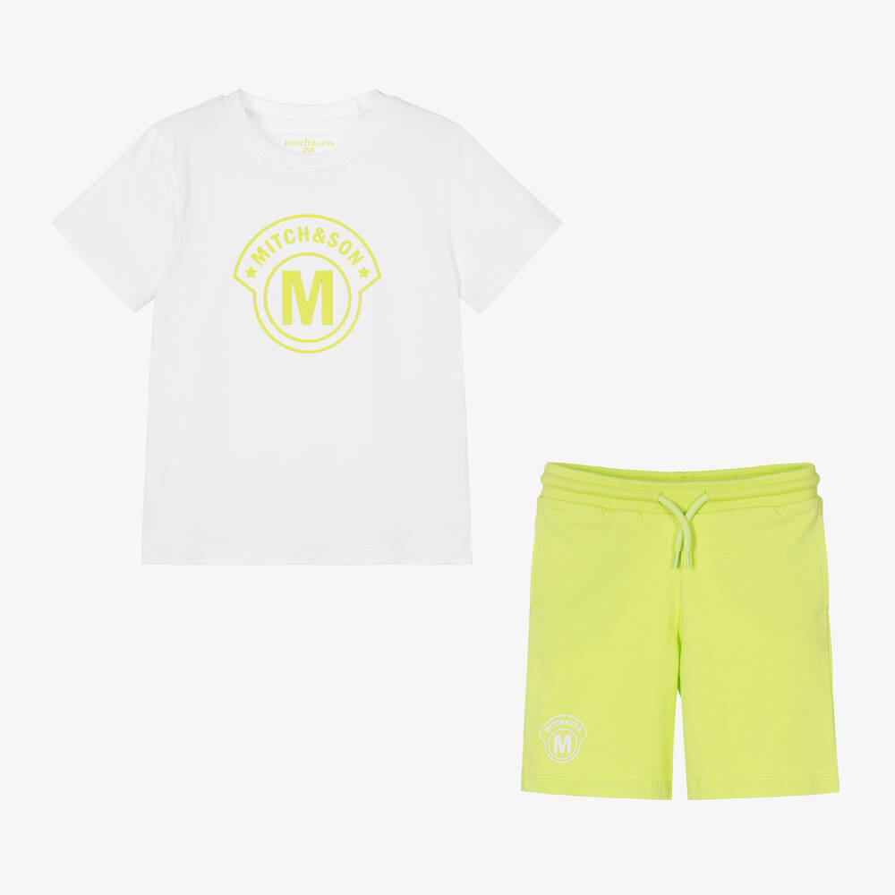 Mitch & Son-طقم شورت قطن جيرسي لون أبيض وأخضر للأولاد | Childrensalon Outlet
