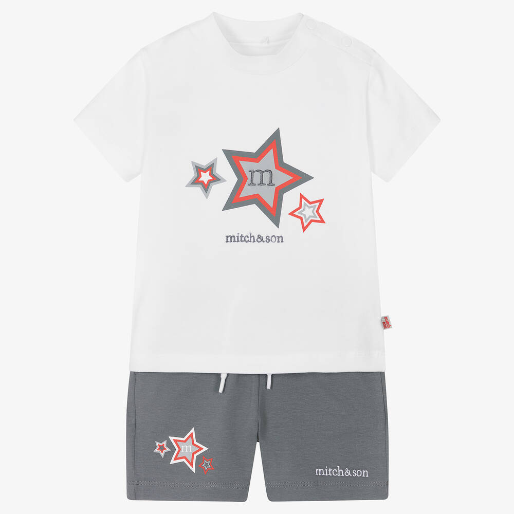 Mitch & Son - Boys White & Grey Star Shorts Set | Childrensalon