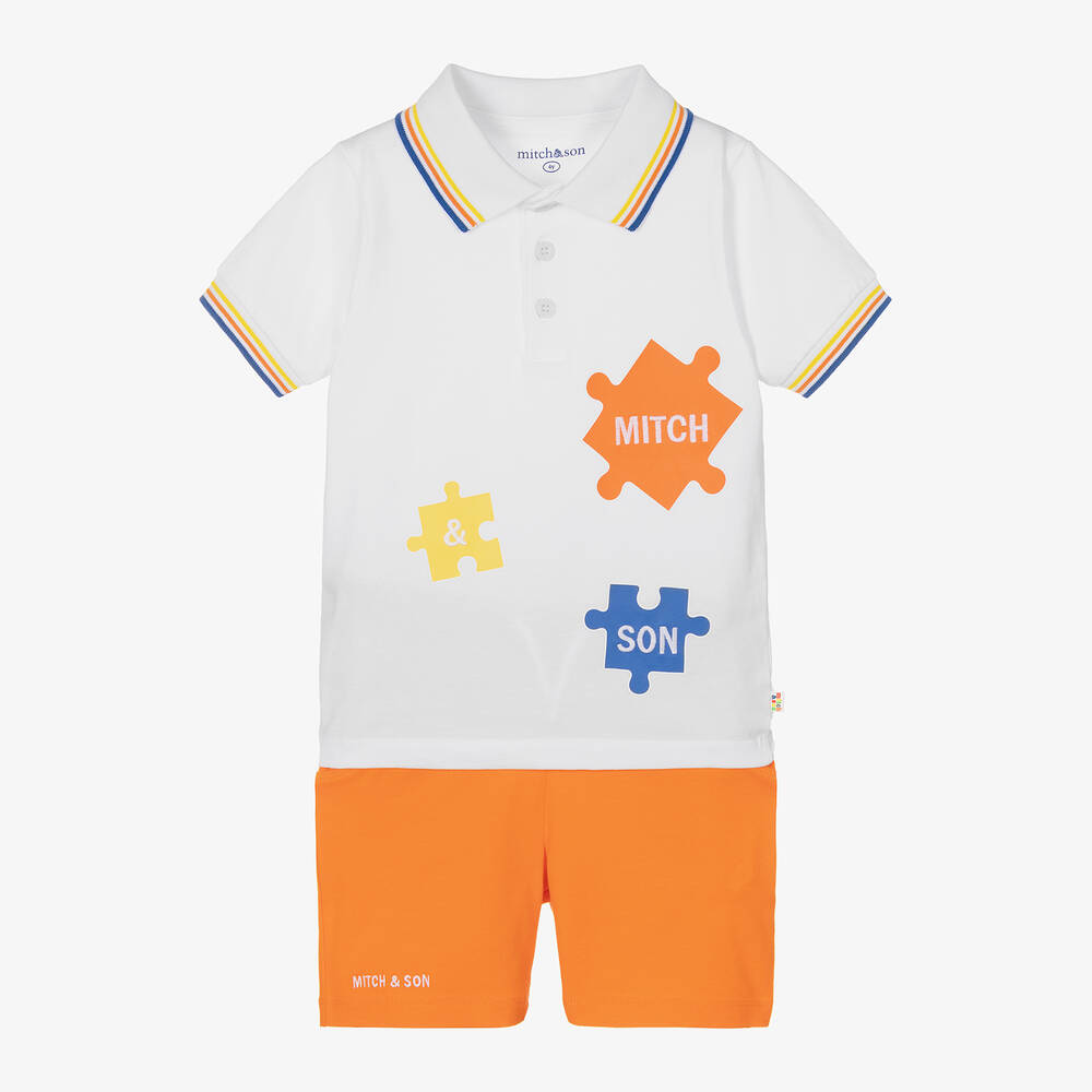 Mitch & Son-Boys White & Orange Cotton Shorts Set | Childrensalon Outlet