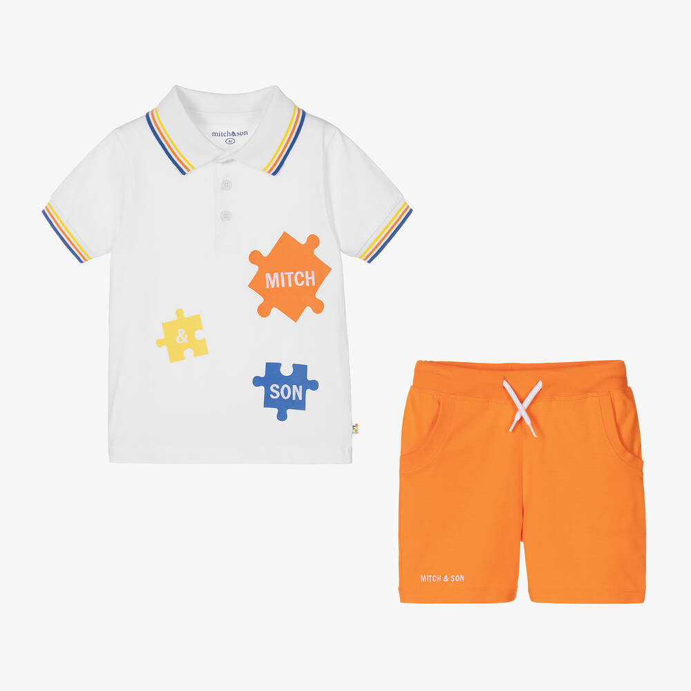 Mitch & Son-طقم شورت قطن جيرسي لون أبيض وبرتقالي للأولاد | Childrensalon Outlet