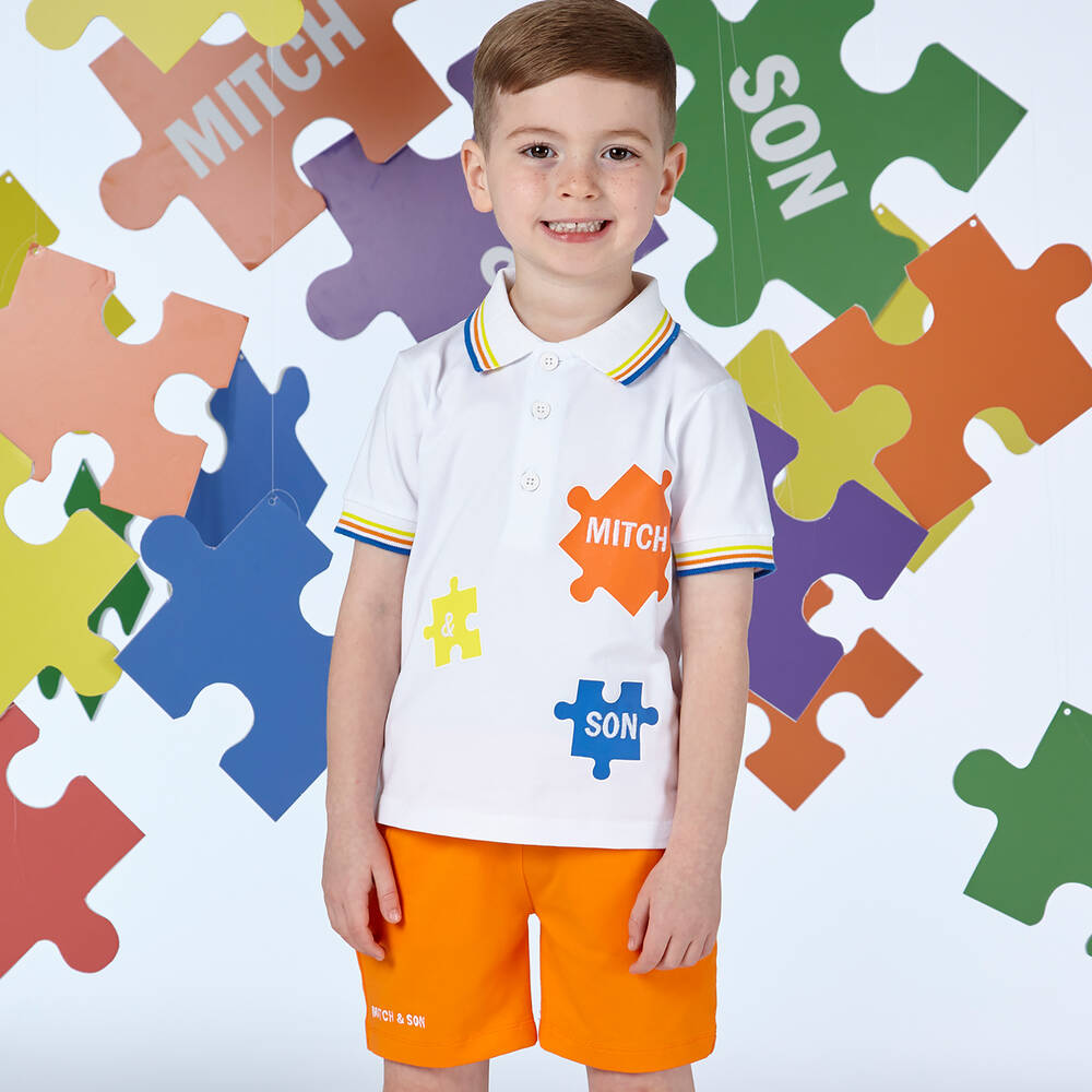 Mitch & Son-طقم شورت قطن جيرسي لون أبيض وبرتقالي للأولاد | Childrensalon Outlet