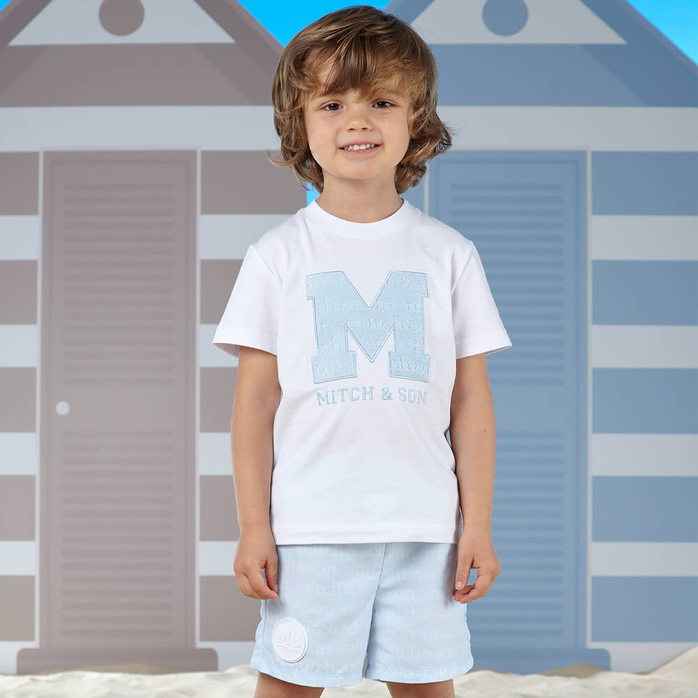 Mitch & Son-تيشيرت قطن جيرسي لون أبيض وأزرق فاتح للأولاد | Childrensalon Outlet