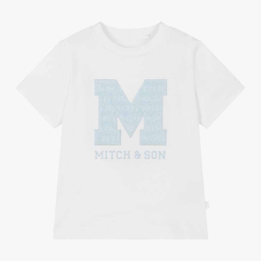 Mitch & Son-Boys White & Pale Blue Cotton T-Shirt | Childrensalon Outlet