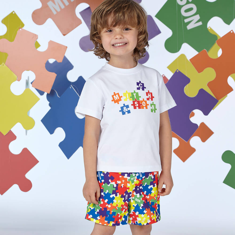 Mitch & Son-Boys White Puzzle Print Cotton T-Shirt | Childrensalon Outlet