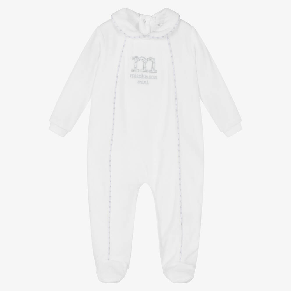 Mitch & Son-Boys White Velour Babygrow | Childrensalon Outlet