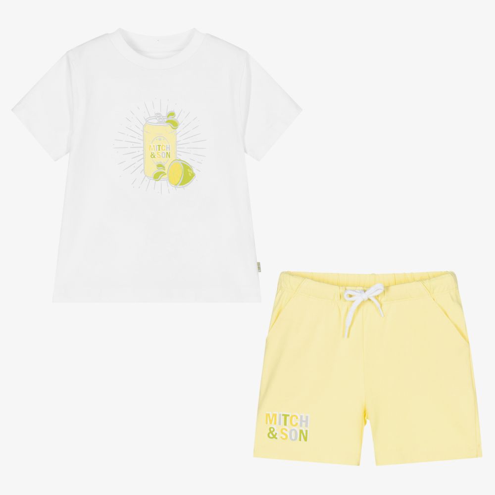 Mitch & Son-طقم شورت قطن جيرسي لون أبيض وأصفر للأولاد | Childrensalon Outlet