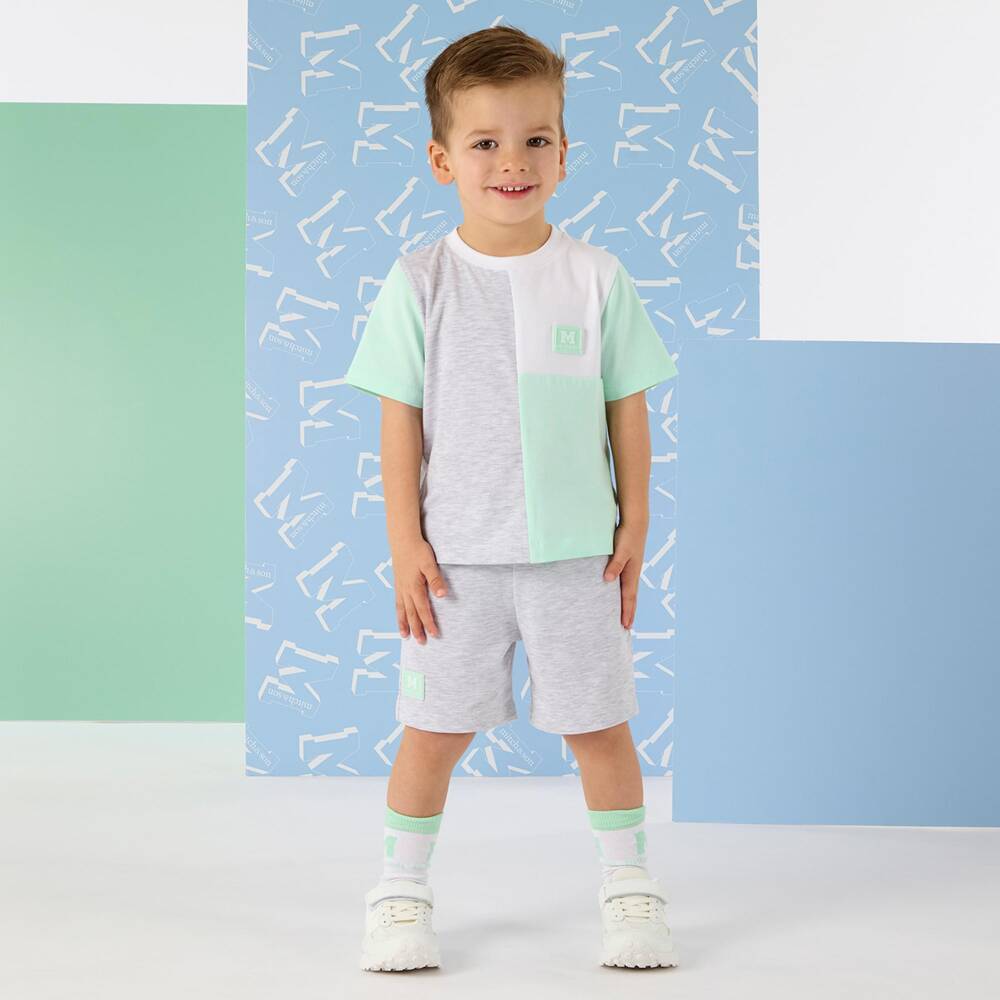 Mitch & Son-Green Mint & Grey Colourblock Shorts Set | Childrensalon Outlet