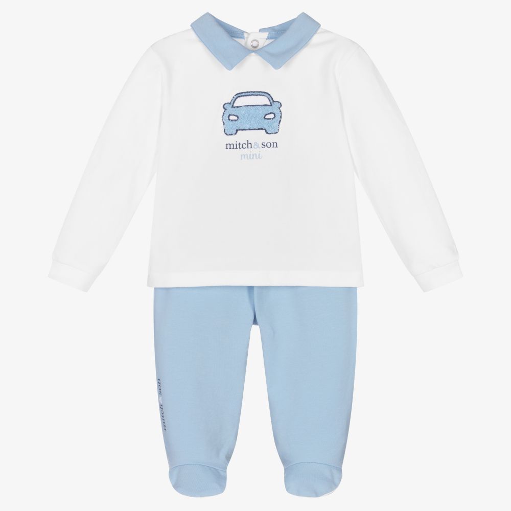 Mitch & Son - White & Blue 2 Piece Babygrow | Childrensalon