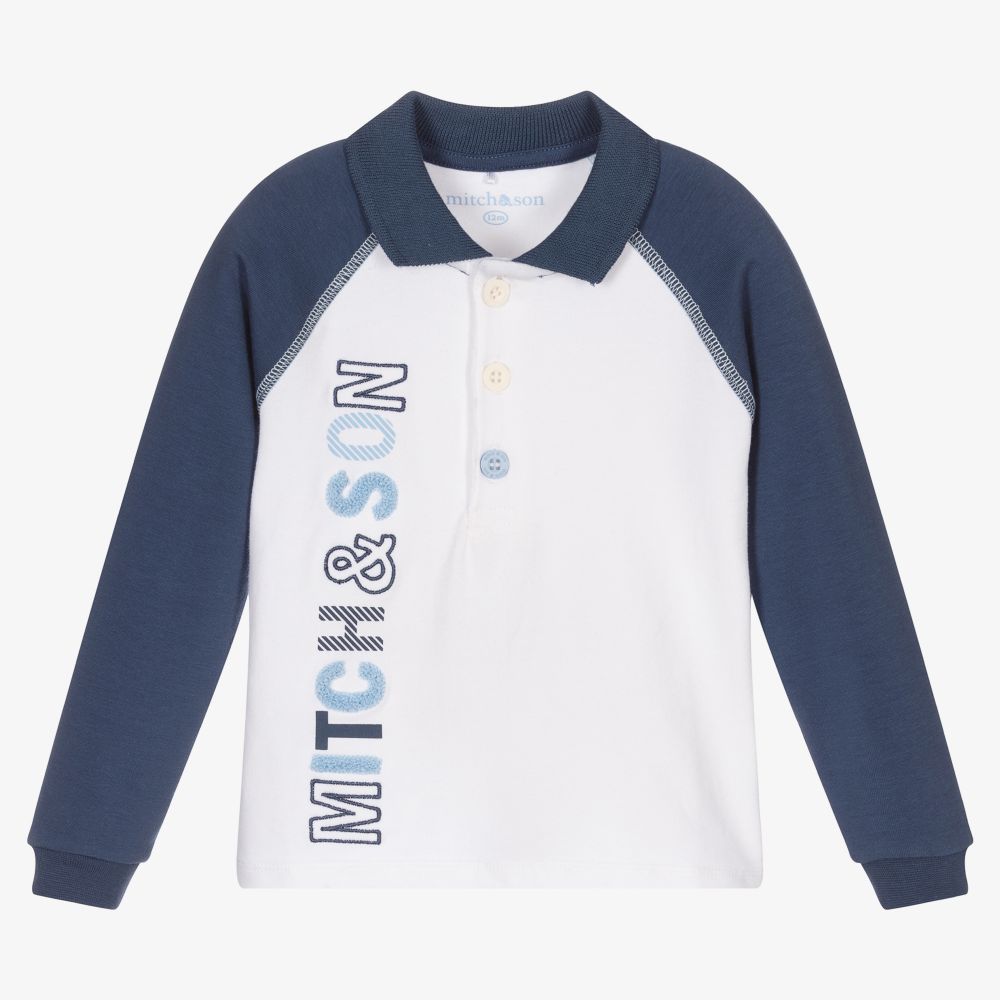 Mitch & Son - White & Blue Cotton Polo Shirt | Childrensalon