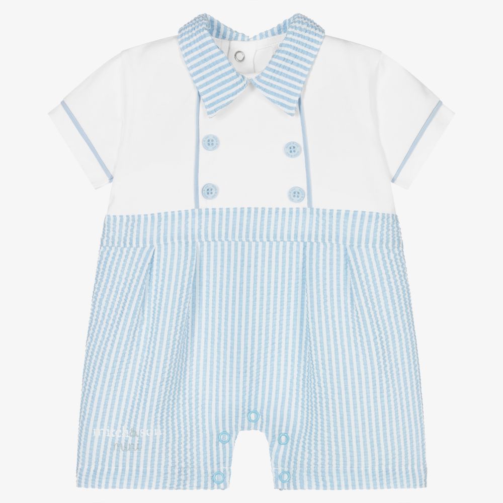 Mitch & Son - Barboteuse blanche/bleue en coton | Childrensalon