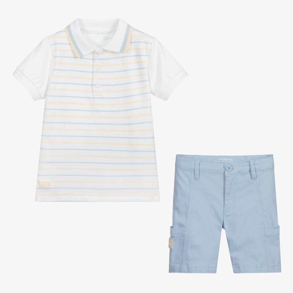 Mitch & Son-شورت وتوب قطن جيرسي وتويل لون أبيض وأزرق | Childrensalon Outlet