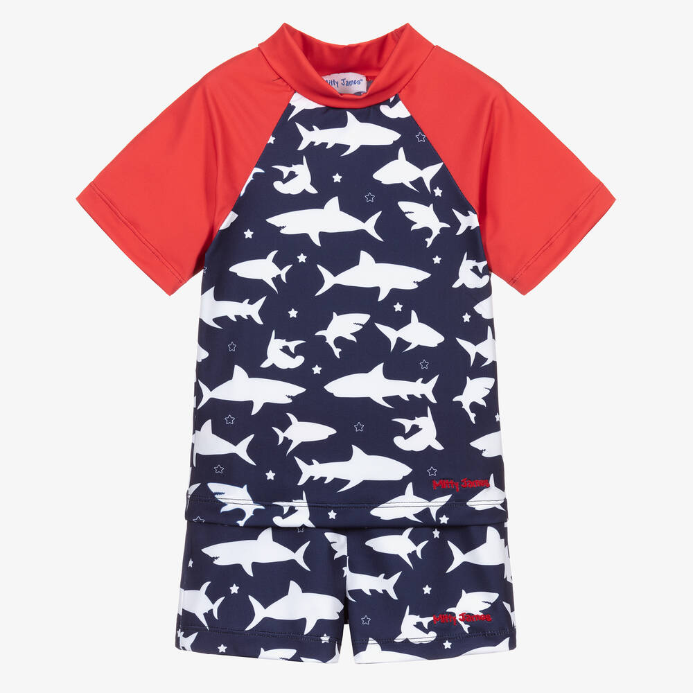 Mitty James - Boys Blue Shark Swim Shorts Set (UPF 50+) | Childrensalon
