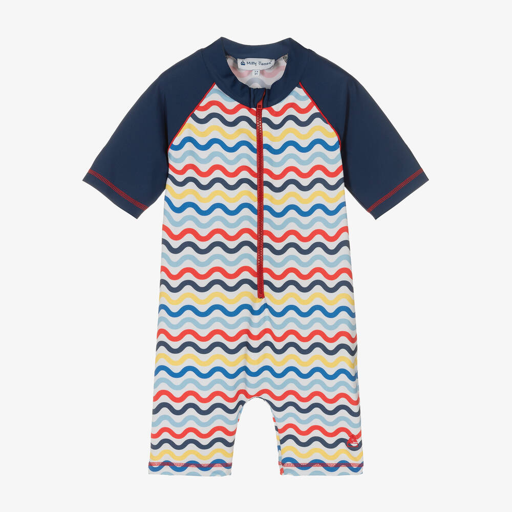 Mitty James-Boys Blue Wavy Stripe Sun Suit (UPF50+) | Childrensalon Outlet
