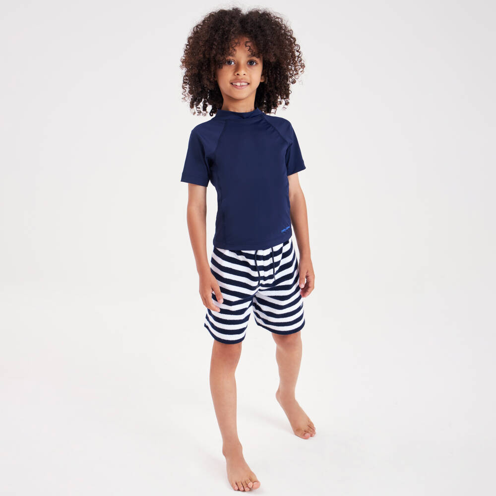 Mitty James-Boys Navy Striped Towelling Shorts | Childrensalon Outlet