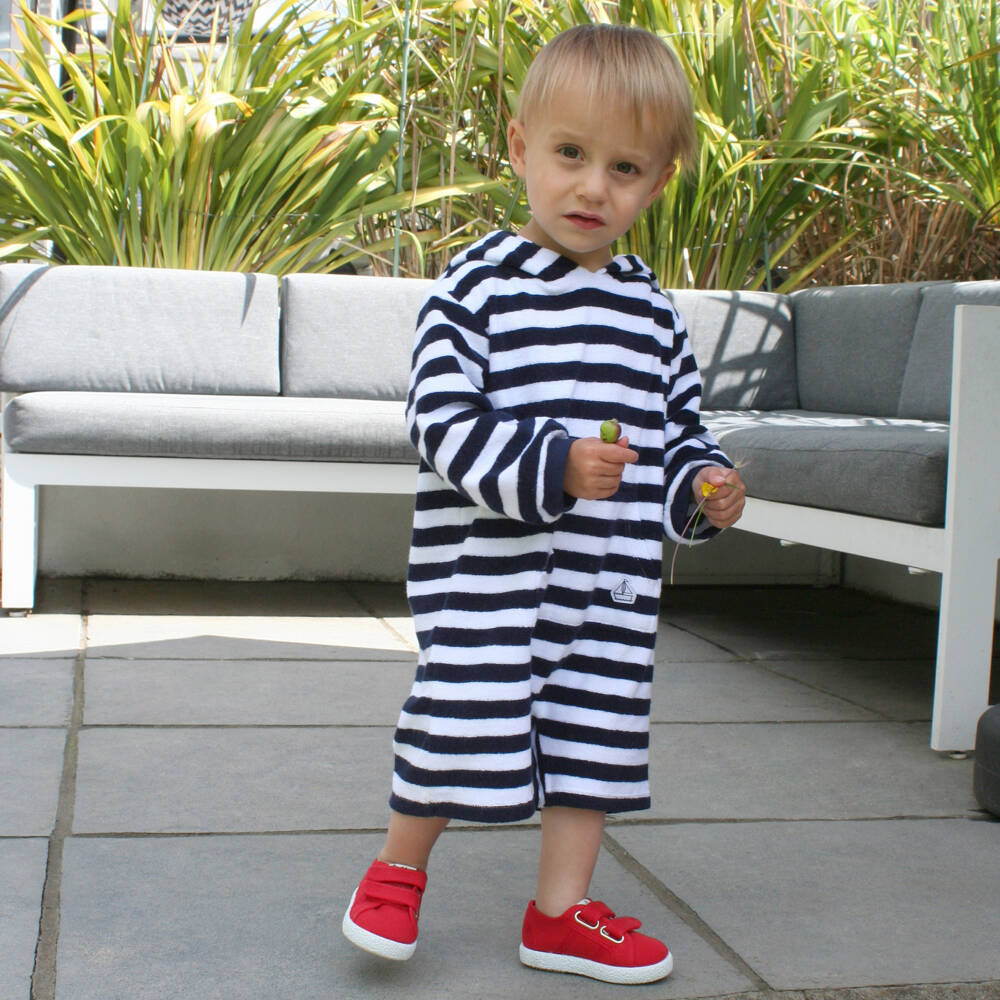 Mitty James-Boys Navy Towelling Striped Romper | Childrensalon Outlet