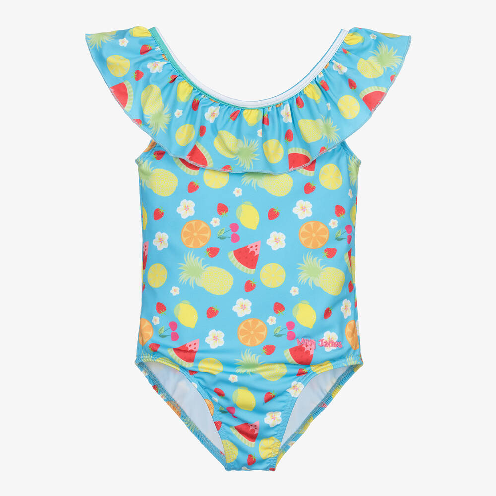 Mitty James - Girls Blue Fruits & Flowers Swimsuit (UPF 50+) | Childrensalon