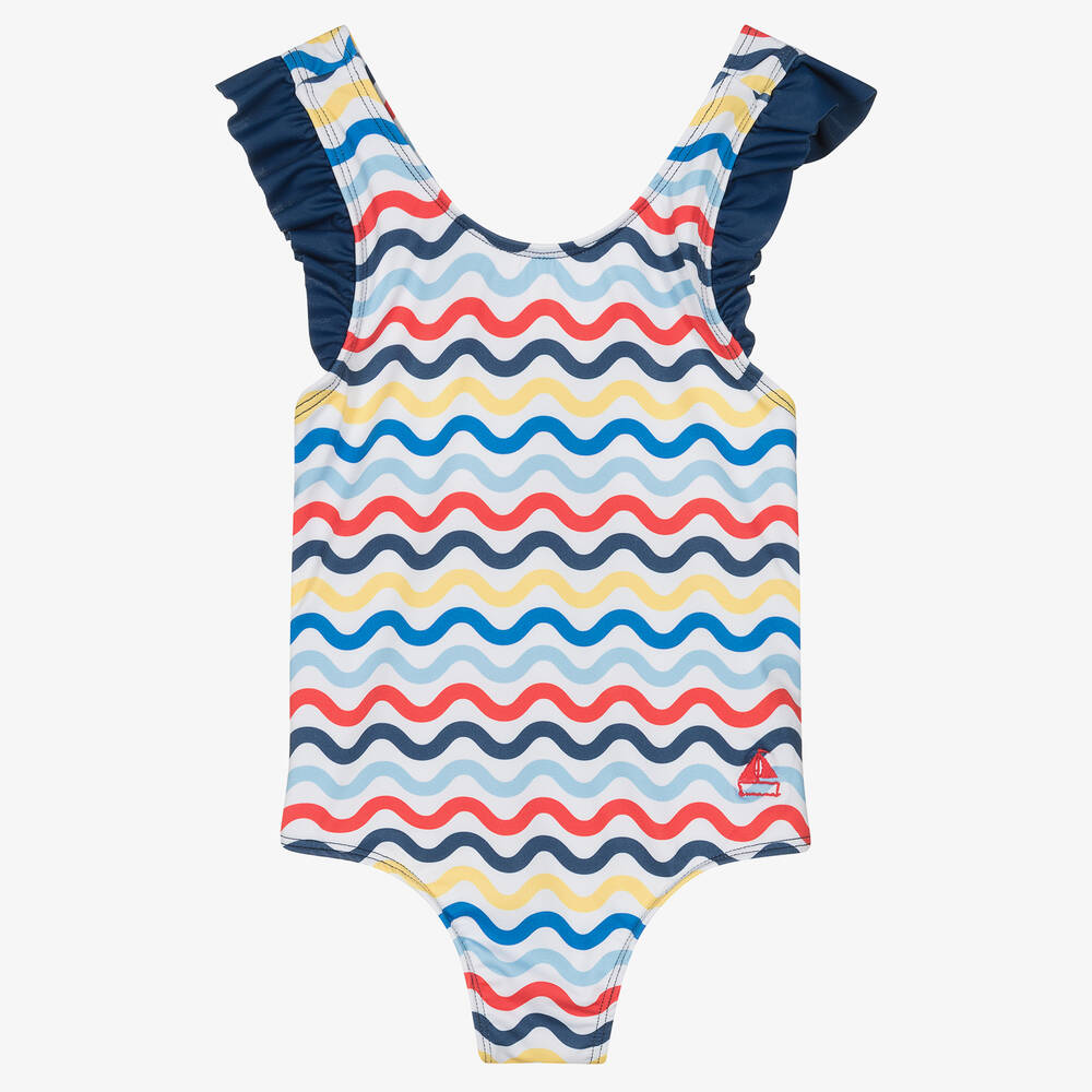 Mitty James-Girls Blue Wavy Stripe Swimsuit (UPF50+) | Childrensalon Outlet