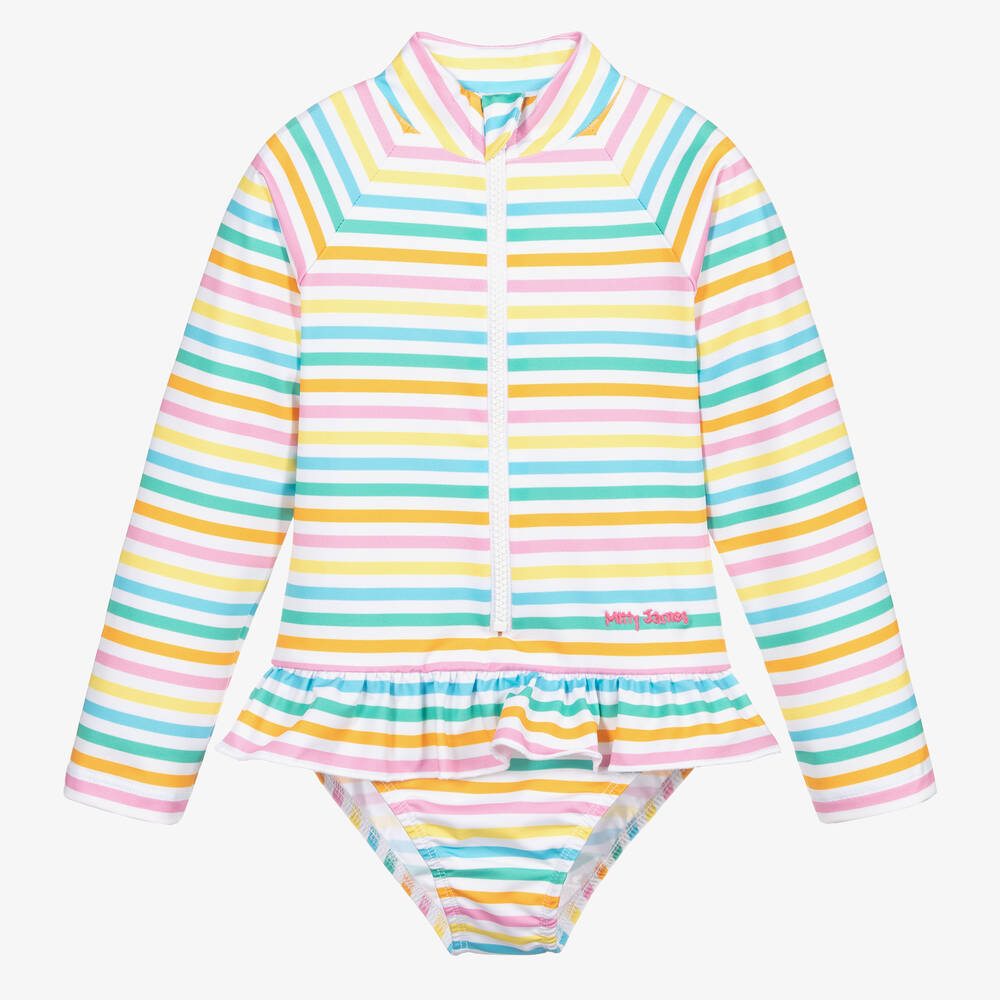 Mitty James - Girls Green & Pink Striped Swimsuit (UPF 50+) | Childrensalon