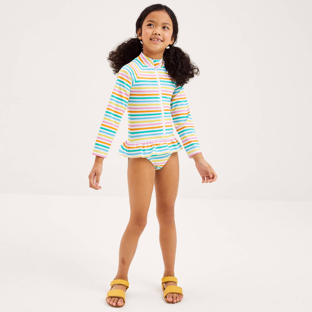 Mitty James-Girls Green & Pink Striped Swimsuit (UPF 50+) | Childrensalon Outlet