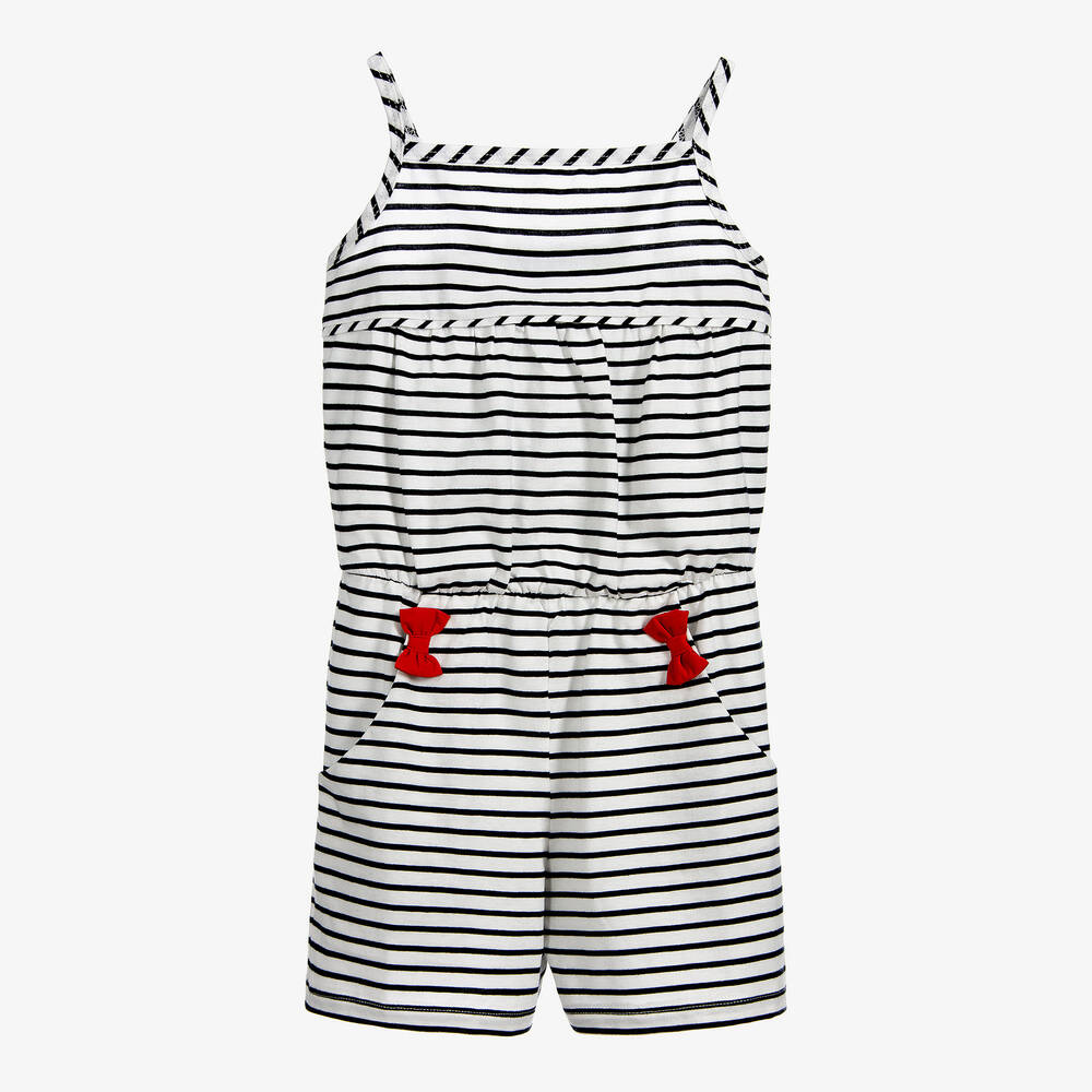 Mitty James - Girls Navy Blue Stripe Cotton Playsuit | Childrensalon