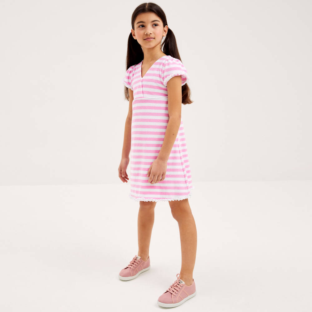 Mitty James-Girls Pink Striped Towelling Dress | Childrensalon Outlet