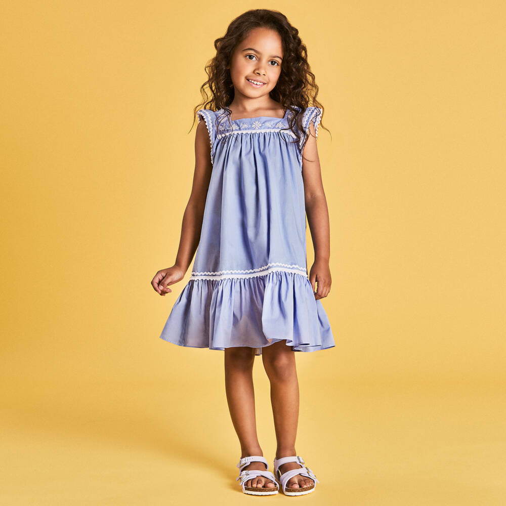 Mitty James-Платье из хлопка небесного оттенка с украшениями для девочек | Childrensalon Outlet