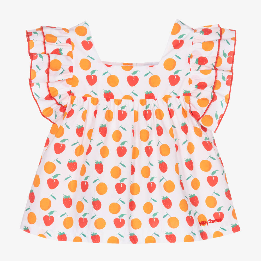 Mitty James - Girls White & Orange Cotton Fruit Blouse | Childrensalon