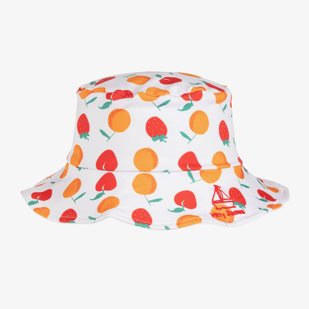 Mitty James - قبعة باكيت بطبعة فواكه جيرسي لون أبيض وبرتقالي للبنات (UPF 50+) | Childrensalon