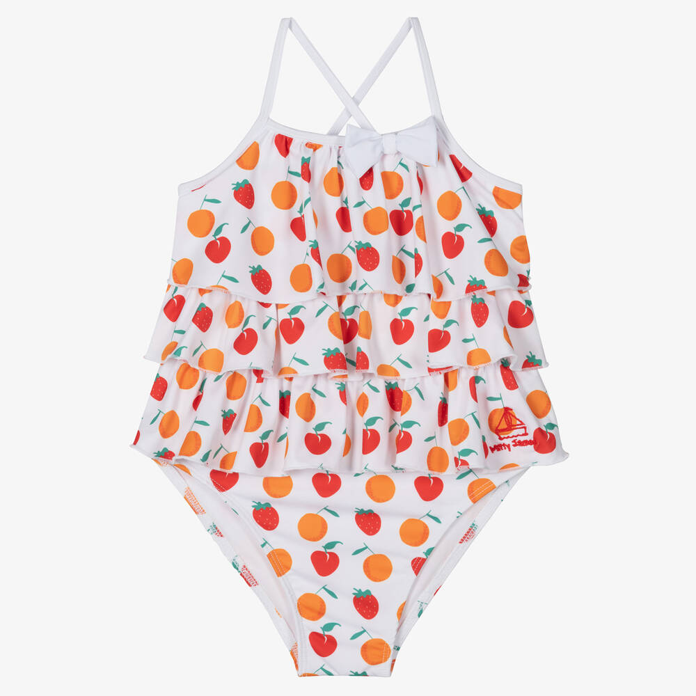 Mitty James - Girls White & Orange Fruit Ruffle Swimsuit (UPF 50+) | Childrensalon
