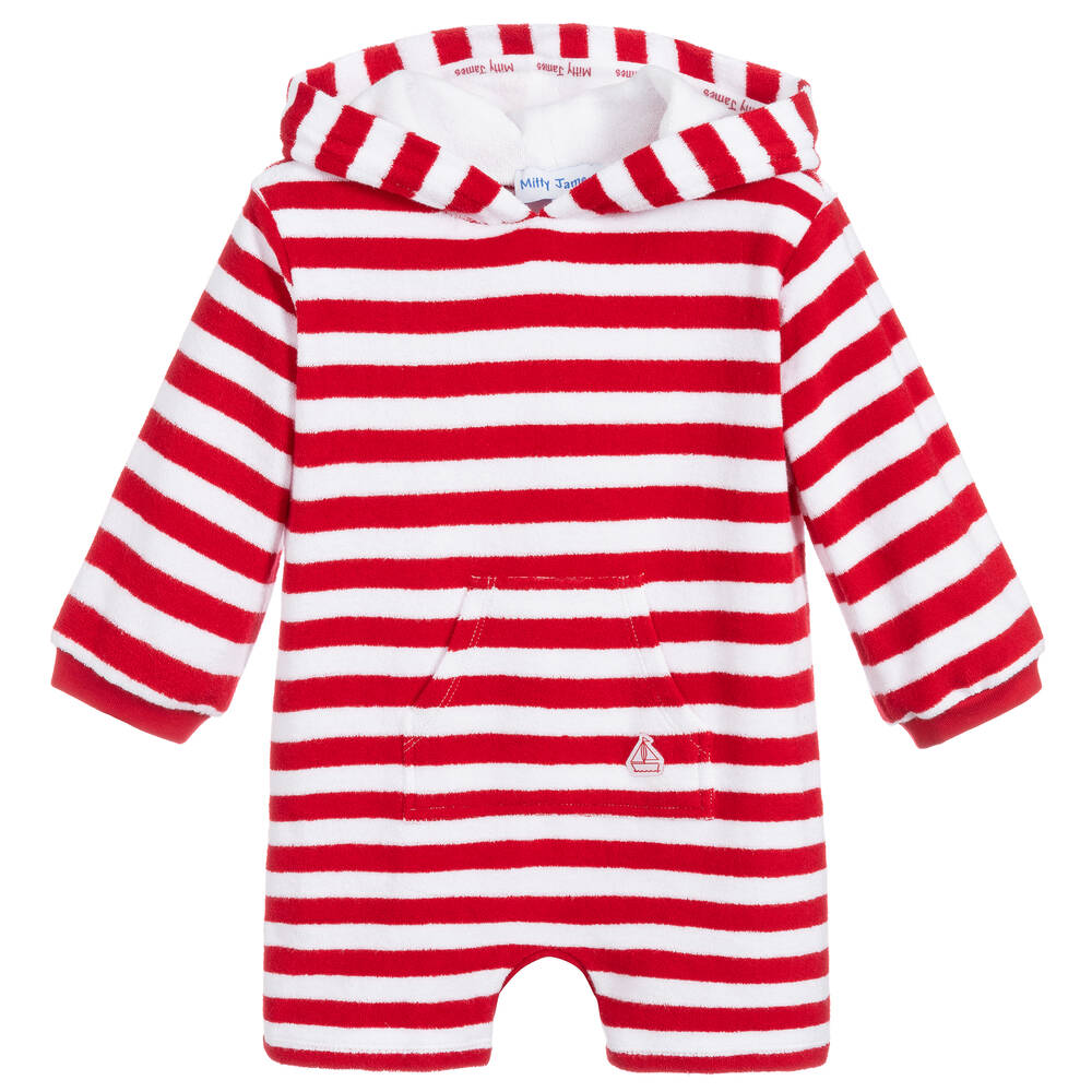 Mitty James - Red Stripe Towelling Baby Beach Romper | Childrensalon