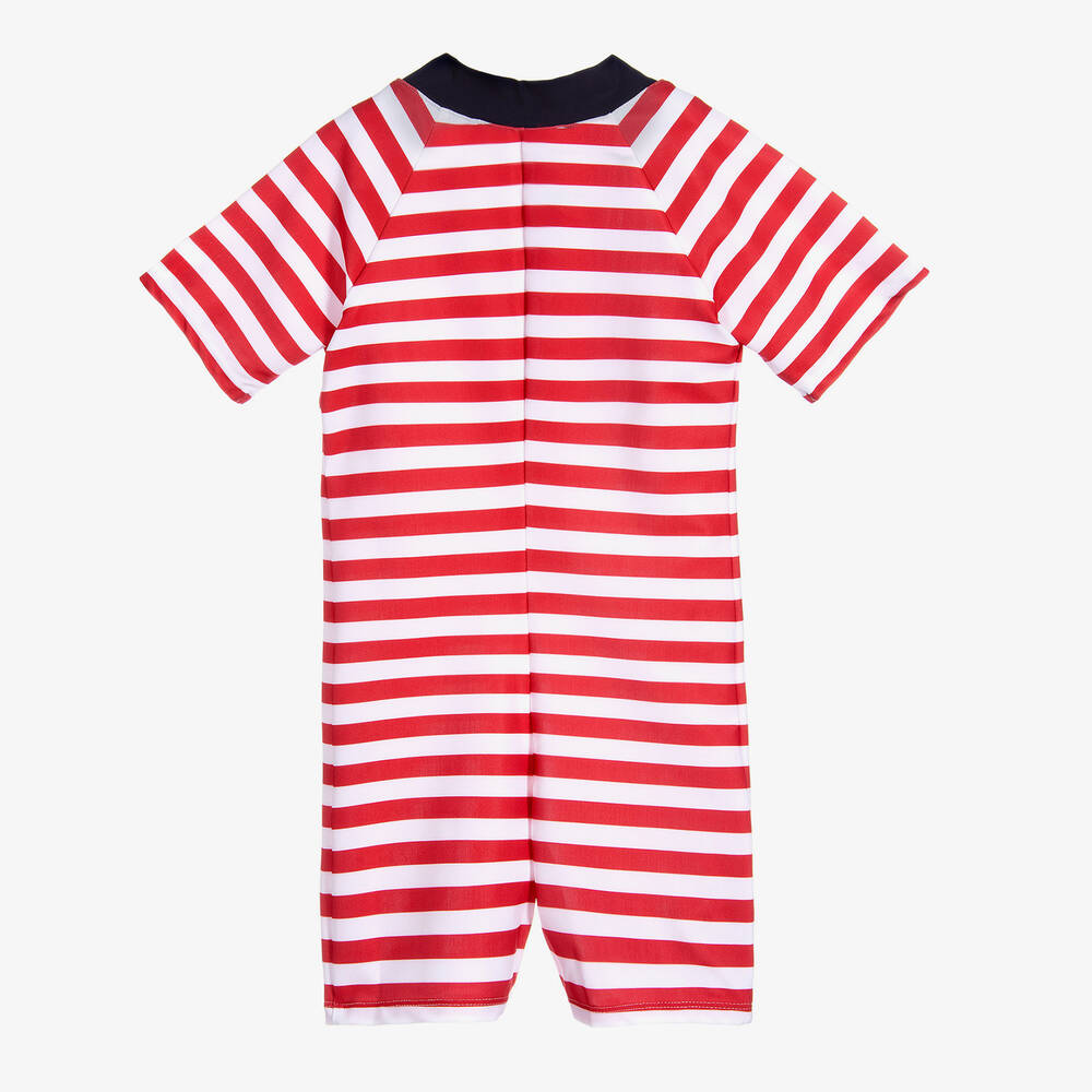 ميتي جيمس-بدلة واقية من الشمس لون أحمر و أبيض مقلم (UPF 50+) | Childrensalon Outlet