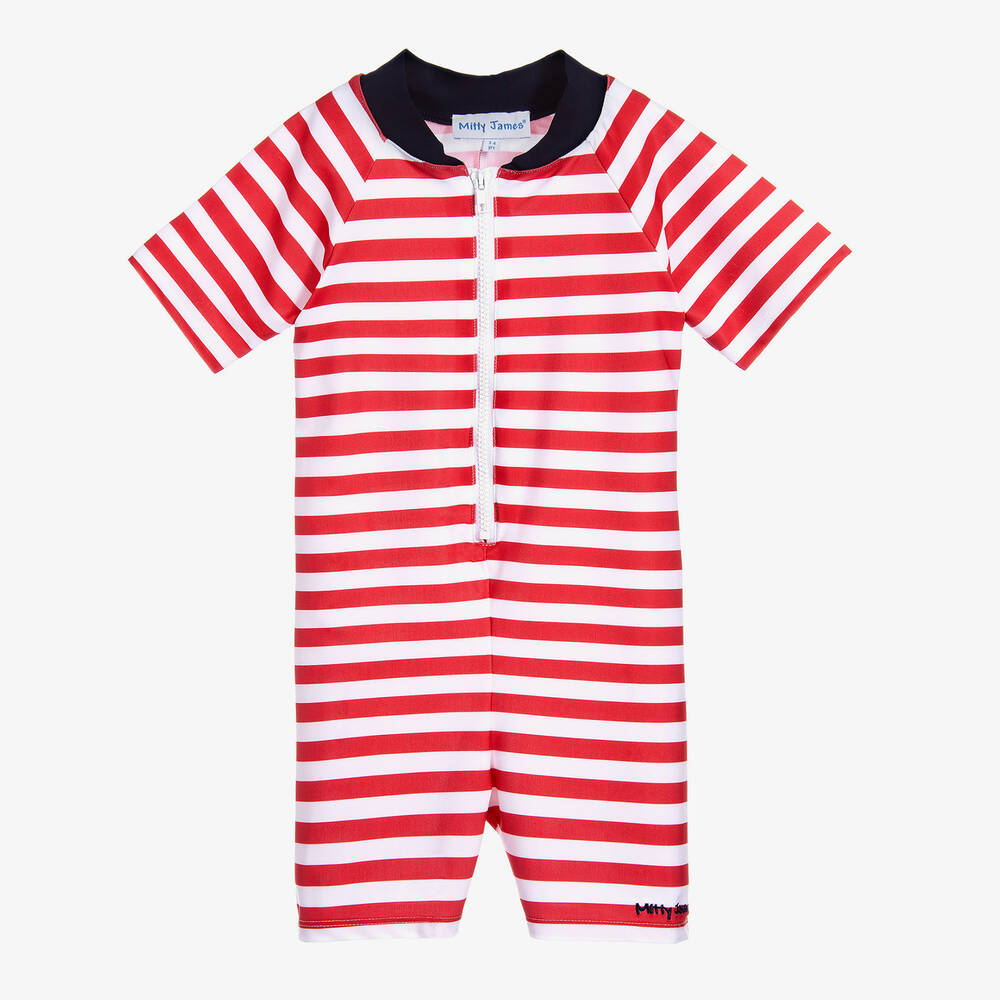 Mitty James - بدلة واقية من الشمس لون أحمر و أبيض مقلم (UPF 50+) | Childrensalon