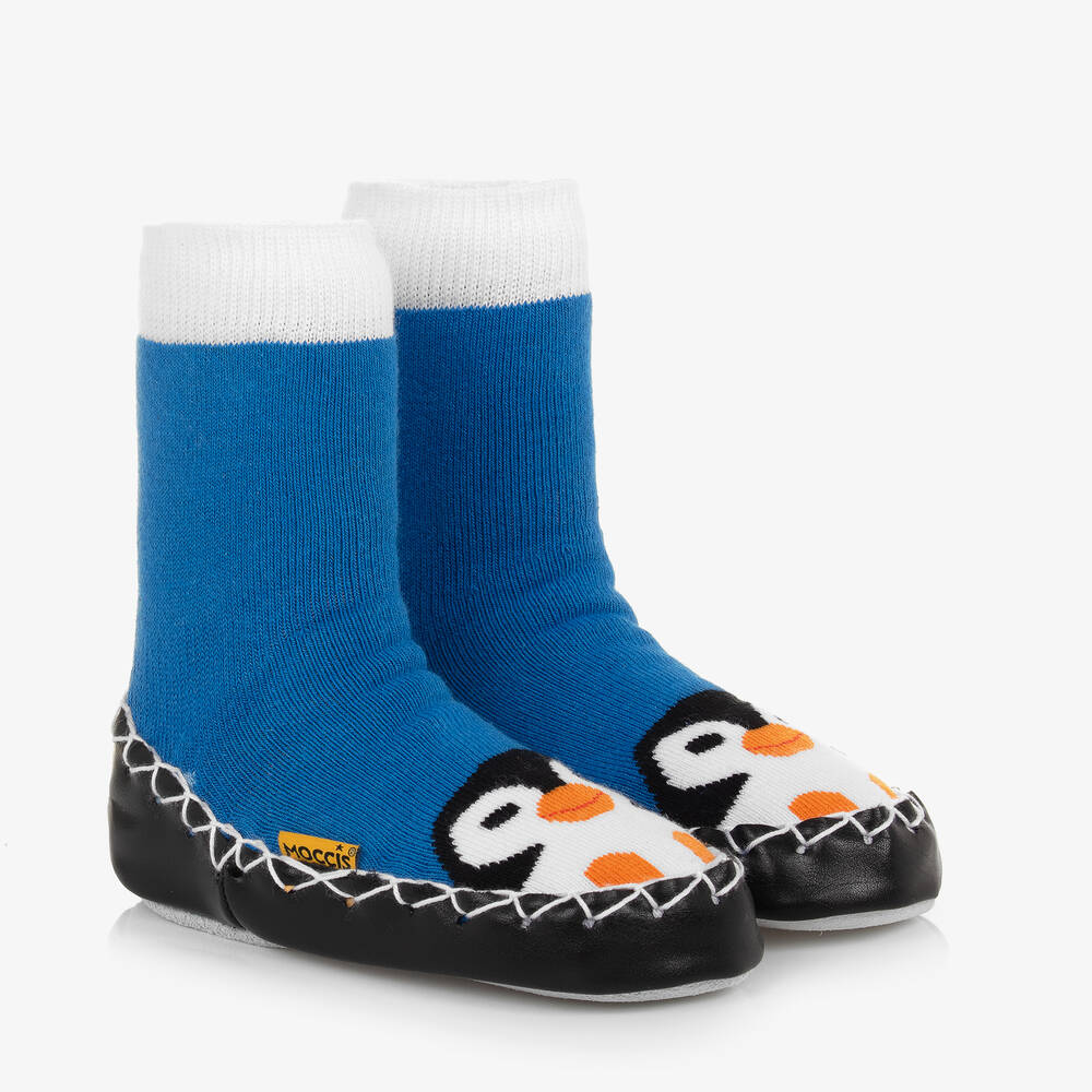 Moccis - Chaussons d'intérieur bleus à motif pingouin 'Pengy Brr' | Childrensalon
