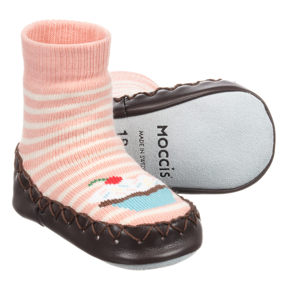 Moccis - Chaussons-chaussettes roses et marron | Childrensalon