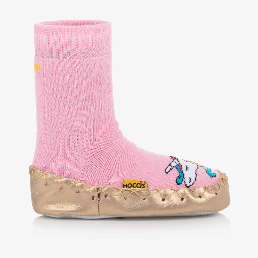 Moccis - Chaussons-chaussettes roses et dorés | Childrensalon