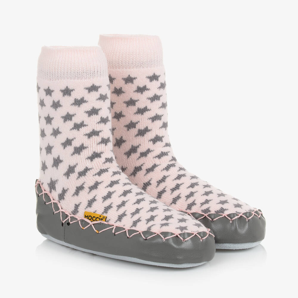 Moccis - Chaussons-chaussettes roses et gris | Childrensalon