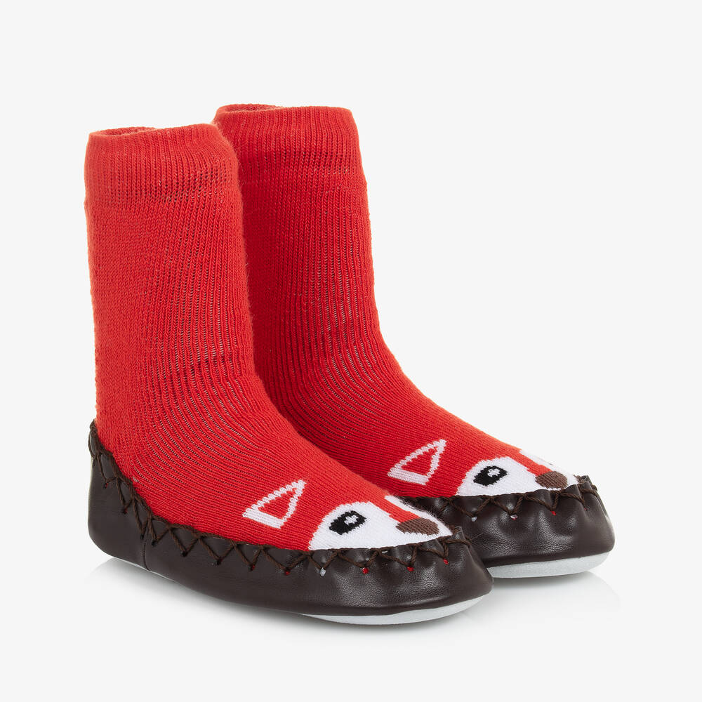 Moccis - Chaussons-chaussettes rouges et marron | Childrensalon
