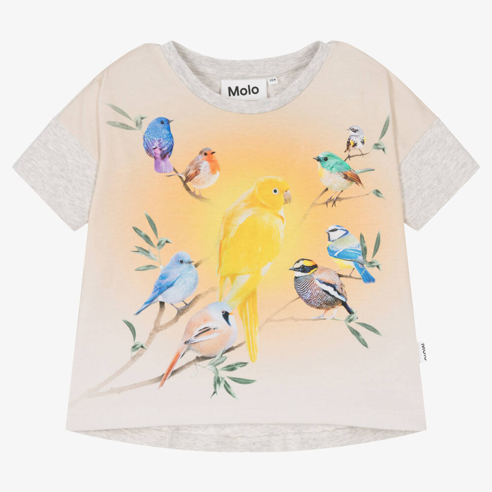 Molo - Бежево-серая футболка с птицами | Childrensalon