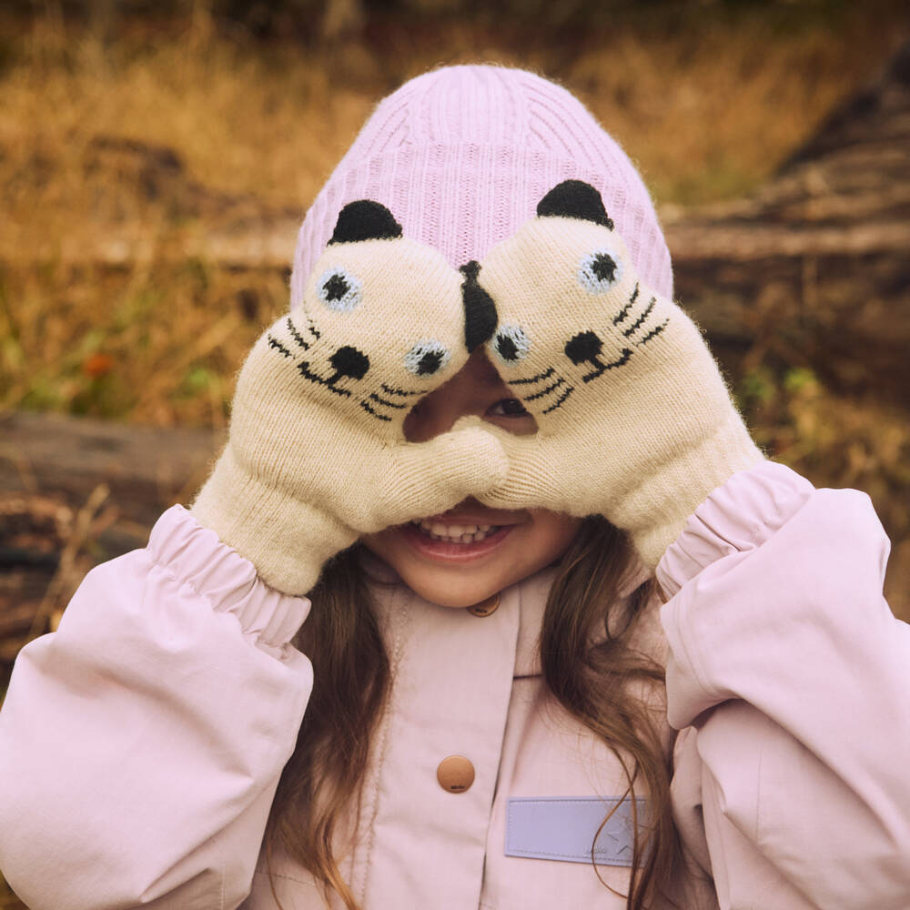 Molo-Beige Knitted Cat Gloves | Childrensalon Outlet