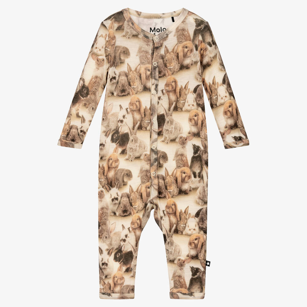 Molo - Beige Merino Wool Rabbit Romper  | Childrensalon