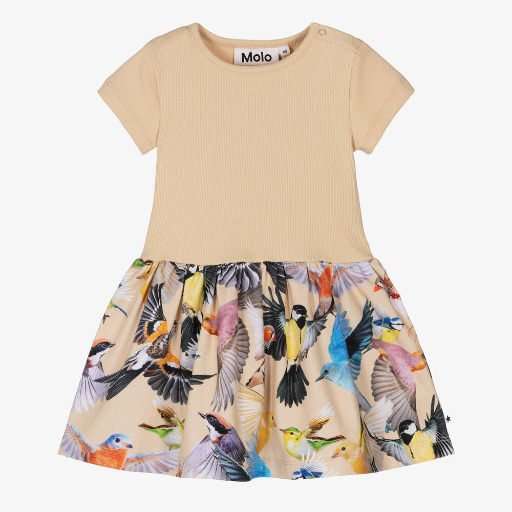 Molo - Beige Organic Cotton Bird Dress | Childrensalon