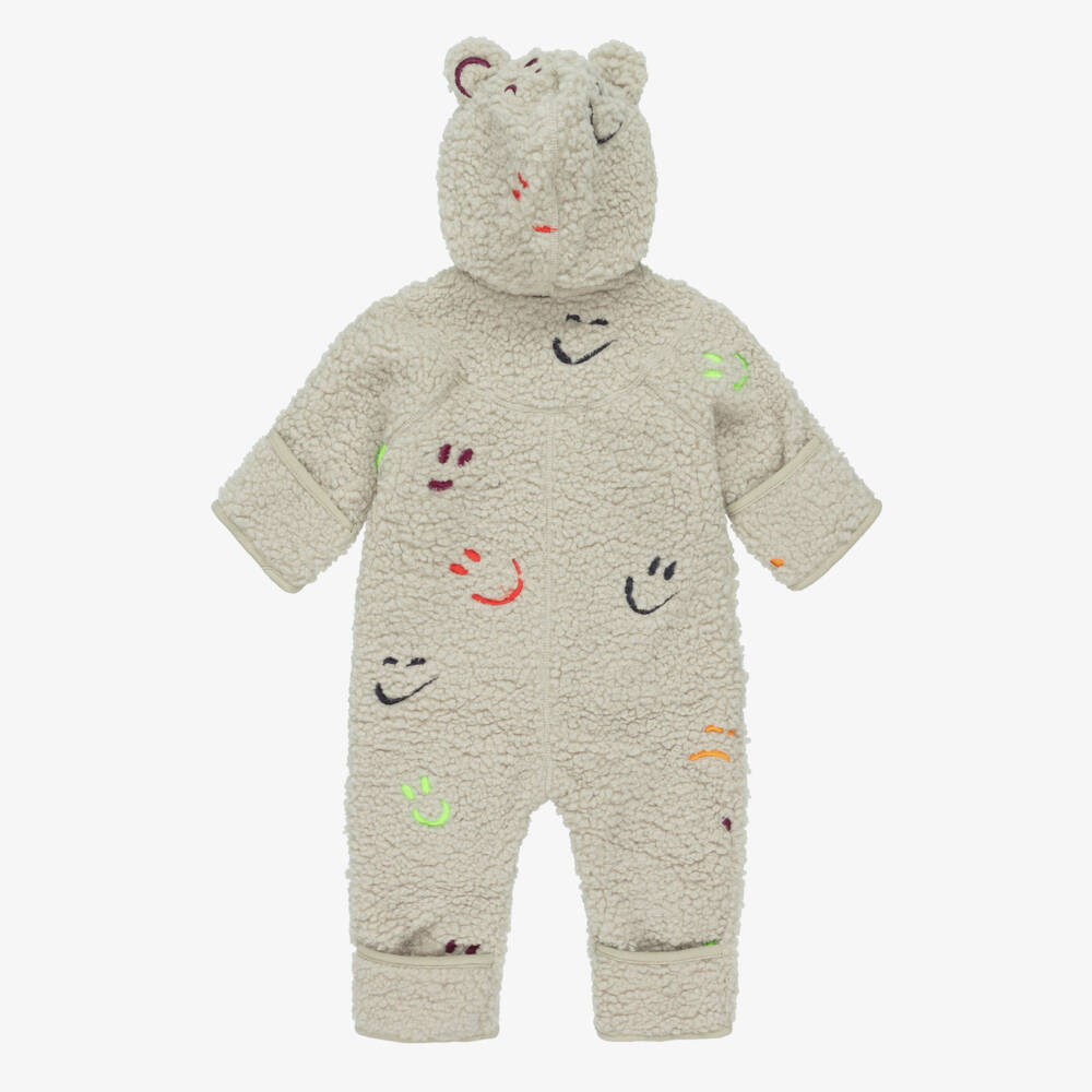 Molo-Beige Sherpa Fleece Pramsuit with Smiling Faces | Childrensalon Outlet
