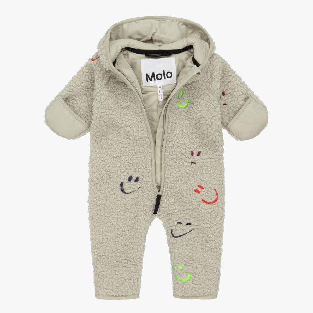 Molo-Beige Sherpa Fleece Pramsuit with Smiling Faces | Childrensalon Outlet