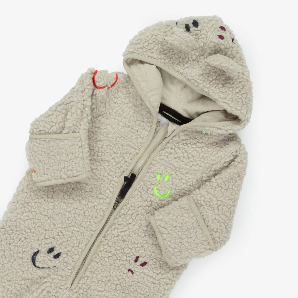 Molo-Beige Sherpa Fleece Pramsuit with Smiling Faces | Childrensalon Outlet