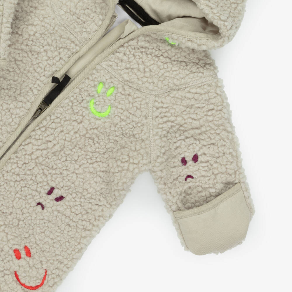 Molo-Beige Sherpa Fleece Pramsuit with Smiling Faces | Childrensalon Outlet
