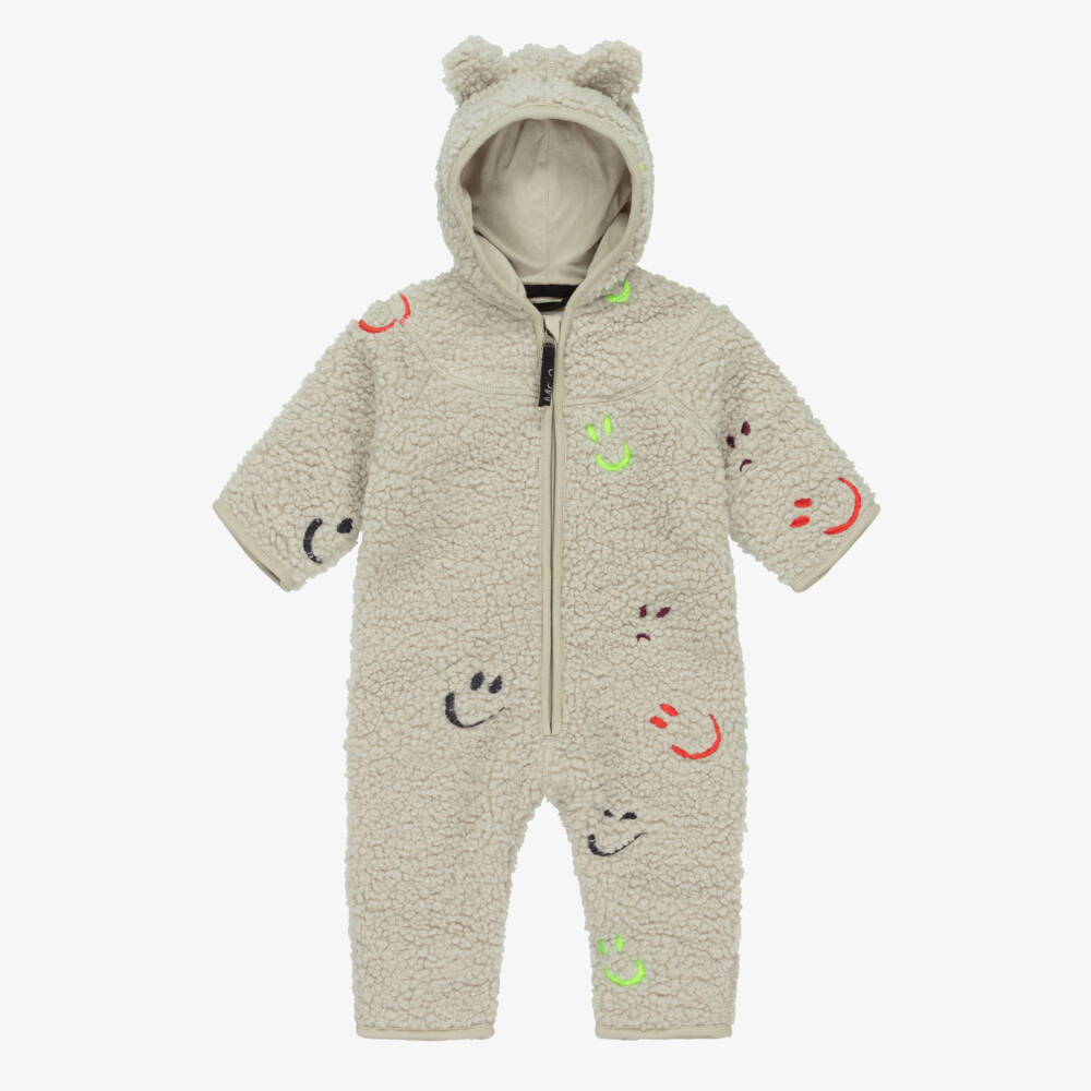 Molo-Beige Sherpa Fleece Pramsuit with Smiling Faces | Childrensalon Outlet
