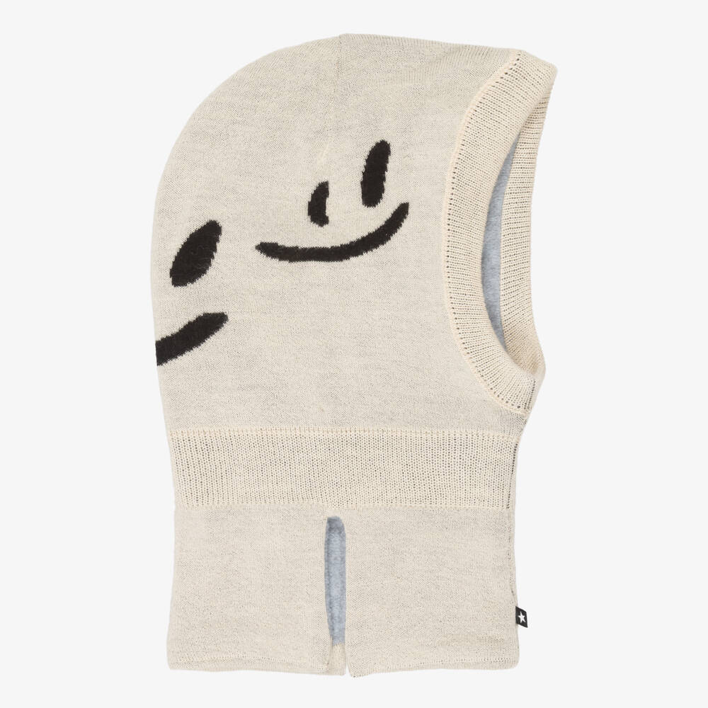 Molo-Beige Wool Knit Smiling Faces Balaclava | Childrensalon Outlet