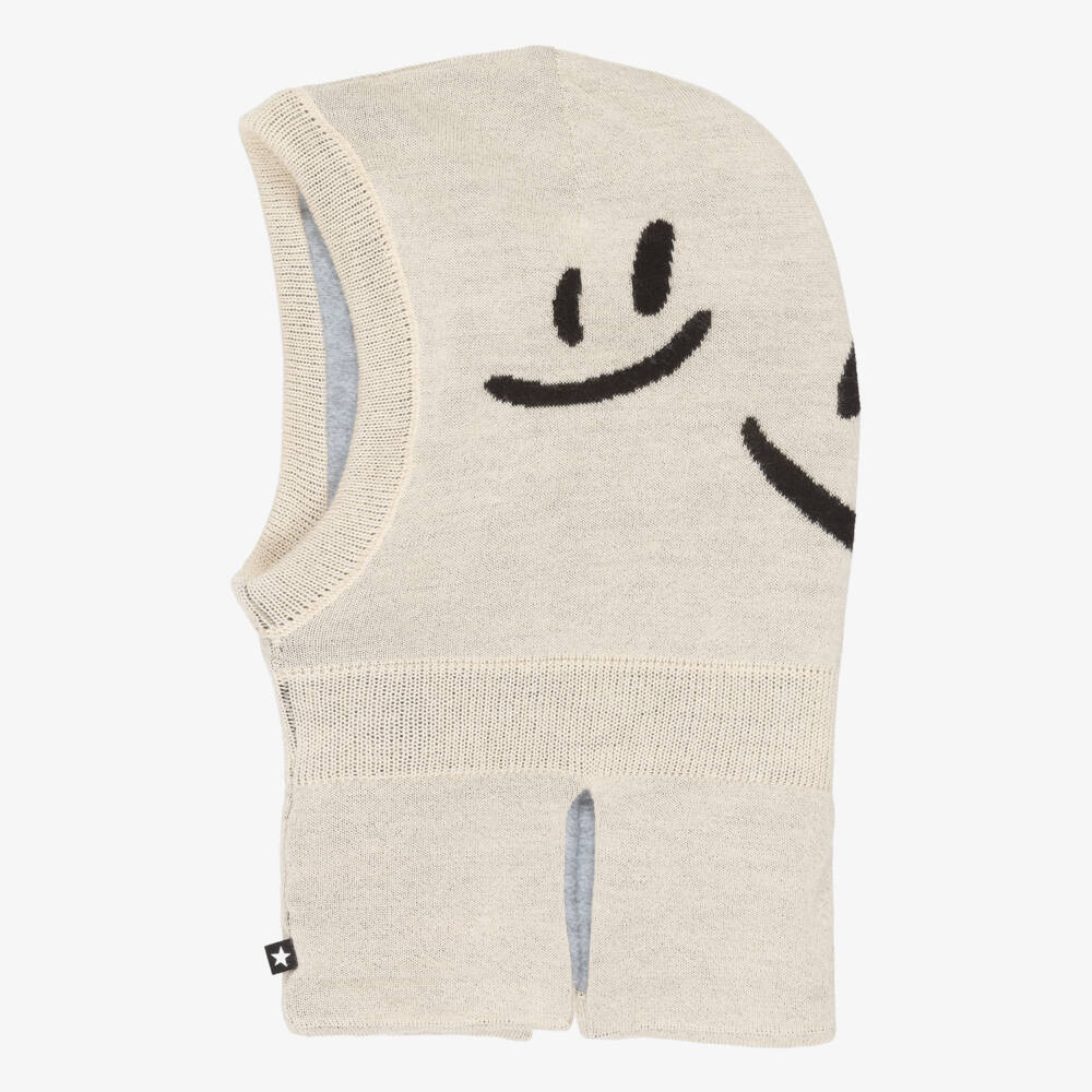 Molo-Beige Wool Knit Smiling Faces Balaclava | Childrensalon Outlet