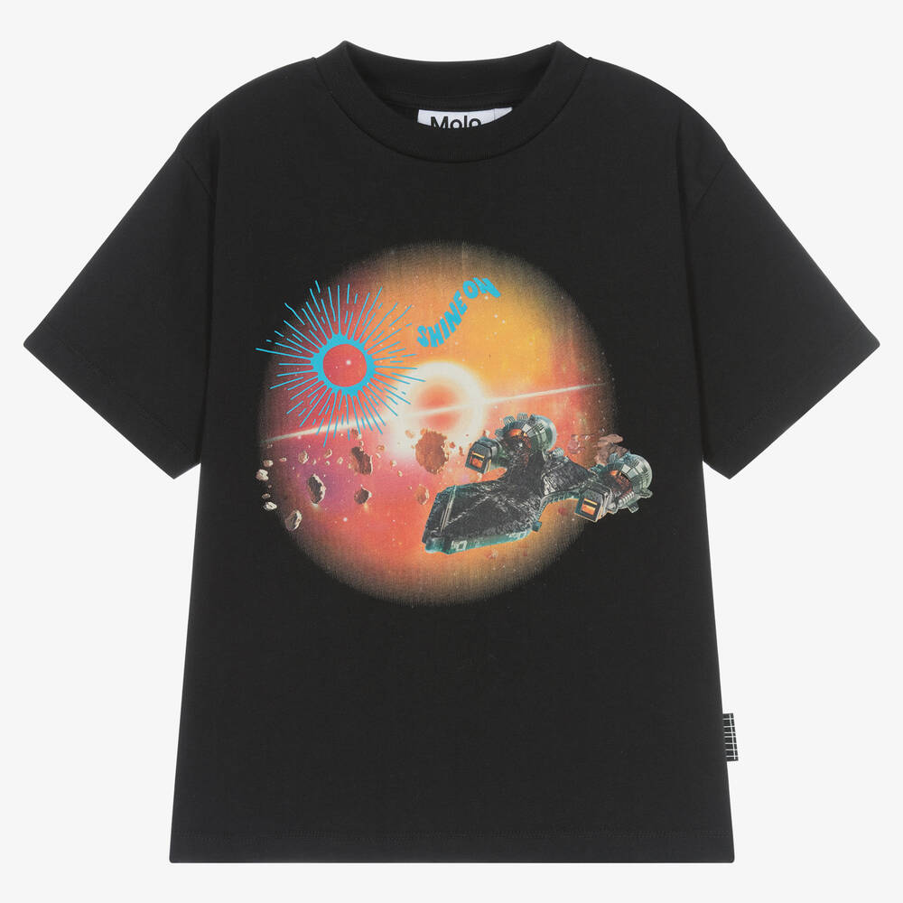 Molo - Black Organic Cotton Spaceship T-Shirt | Childrensalon
